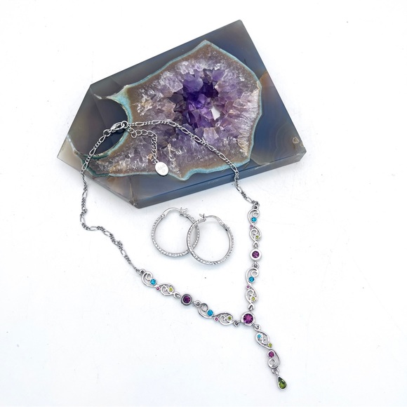 Purple+Blue Crystal Silver Y Floral Necklace & Silver+Rhinestones Hoop Earrings - Picture 4 of 4